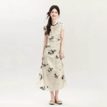 欧阳喜 《蝶画水墨》新中式印花短袖长裙女夏季休闲收腰气质连衣裙271元，首购