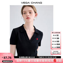 VEGA CHANG 爱心针织T女2024夏款设计感polo领法式短袖提花上衣 寂静黑 M券后86.9元