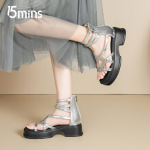 15mins厚底绑带罗马凉鞋银色凉靴189元（需领券）