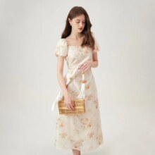 范思蓝恩FANSILANEN 国风印花连衣裙2024女夏季温柔风收腰碎花裙天田园长裙女164元