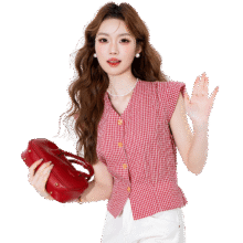 真维斯 韩系复古格子 v领无袖衬衫 女 夏季修身 小飞袖上衣75元