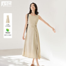 对白 夏装简约通勤纯色不对称裙摆扭结女式无袖中长连衣裙99元