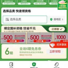 促销活动：京东 家电家居国家补贴会场 领6期免息券/满5000减500优惠券等