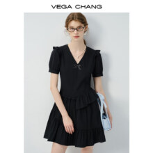 3日20点：VEGA CHANG短袖连衣裙女夏2025新不规则下摆法式V领拼接修身短裙139元包邮（限购两个小时）