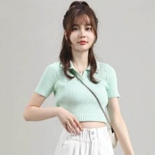 菲尔 辣妹风夏季多巴胺polo衫女短袖翻领t恤短款针织上衣打底显瘦39元