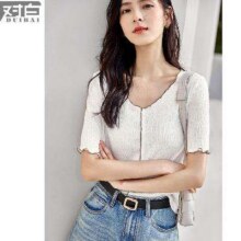 对白 2025夏装V领撞色弧形 女式V领短袖T恤49元