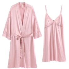 88VIP：芬腾 晨袍睡衣女士夏季冰丝睡袍春秋红色结婚本命年吊带睡裙两件套