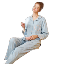 芬腾 睡衣女纯棉秋季新款简约纯色翻领长袖开衫家居服套装 浅兰 2XL99.9元