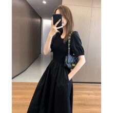 DME JEANS 【赫本风小黑裙】夏季法式针织拼接泡泡袖圆领收腰连衣裙女中长款215元（需领券）