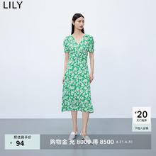LILY 秋女装含真丝复古印花泡泡袖垂感连衣裙 309翠绿 S74元