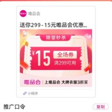 促销活动：唯品会2 99减15 自营店铺可用数量有限，先到先得