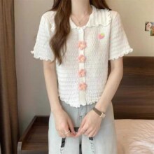 莫代尔 设计感木耳边POLO领短袖衬衫女春夏温柔甜美少女感短款上衣38.1元
