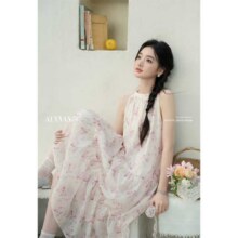 鹿向南 莫奈花园法式气质碎花挂脖连衣裙女夏无袖设计感温柔风裙子女162元
