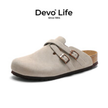 Devo Life的沃软木包头拖鞋勃肯鞋绒面交叉扣反绒半包半拖复古女鞋23035 灰色反绒皮 35 （建议拍小一码）129元