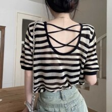 莫代尔 背后交叉镂空小众设计感条纹系列针织短袖T恤女夏季罩衫绝美上衣59.9元