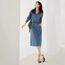 对白 春秋西装简约通勤丹宁风领皮质腰带牛仔裙女式中长款长袖连衣裙78元(超V价更低)