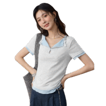 超V会员：谜秀 灰蓝假两件撞色T恤女66.1元包邮