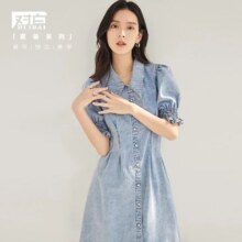 对白 2025夏装法式泡泡袖女式牛仔连衣裙复古设计感小个子减龄裙子159元