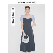 VEGA CHANG 短袖连衣裙 女 2025年夏季假两件方领学院风撞色拼接收腰长裙子 陨石灰（方领） S99元