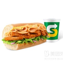 赛百味 照烧鸡火腿双拼三明治+饮料自选套餐兑换券 自取免配送费17.8元