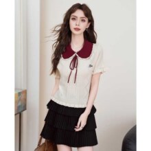Et Boite/法文箱子 学院风针织短袖夏季款休闲时尚蝴蝶领上衣51元