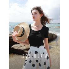3COLOUR 女士方领纯欲风小衫木耳边修身套头玻尿酸T恤74元