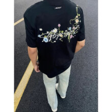 安初夏2025新款夏季刺绣花卉短袖t恤男装宽松情侣潮牌潮流重磅上衣 黑色【前后刺绣纯棉】 3XL 建议160-175斤59元