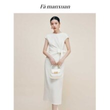 法曼萱 【设计感绑带收腰】 高端白色醋酸连衣裙女夏气质通勤中长款裙子492元