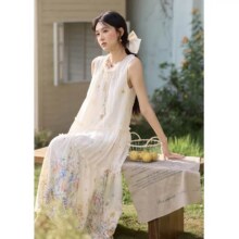 谜秀 满印重工刺绣木耳边连衣裙女2025夏季宽松显瘦长裙子219.3元