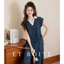 Et Boite/法文箱子 休闲套装2025夏季新款时尚翻领短袖T恤休闲阔腿裤凉爽两件套89元