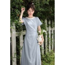鹿向南 法式气质短袖连衣裙女夏季新款收腰蓝色长款掐腰小裙子179.1元（需领券）