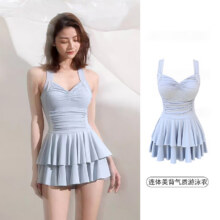 栢启歆泳衣女款连体吊带时尚露背纯色甜美裙式保守显瘦修身温泉泳衣 蓝灰色泳衣【均码】48元