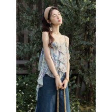 谜秀 绿色雪纺碎花吊带背心女2025夏季荷叶边度假风短款上衣119元