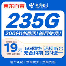限移动端、京东百亿补贴：中国电信 19元大流量卡全国通用手机卡电话卡5G长期纯上网卡电信星卡低月租非无限永久0.01元