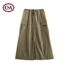 C&A 夏季美式复古潮牌半身裙前开叉大口袋a字中长裙 军绿 L34.95元