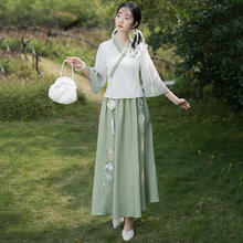 景华年 夏改良汉服女装新中式国风复古刺绣斜襟上衣裙子班级茶艺服套装 绿色上衣+绿色裙子 XL券后164元