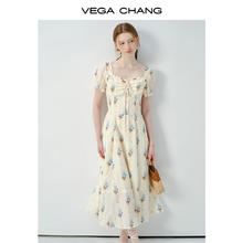 VEGA CHANG 碎花连衣裙女2025年夏季度假风法式方领泡泡袖长裙 碎花 M129元