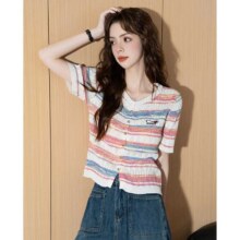 Et Boite/法文箱子 夏季条纹撞色休闲针织开衫短袖女时尚显瘦轻薄透气t恤59元