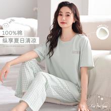 浪莎 100%纯棉女士家居服清新薄荷绿外穿圆领套装睡衣女69元