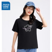 真维斯（Jeanswest）女装夏季新款 150G平纹布圆领星型图案印花短袖T恤JW 黑色17.9元
