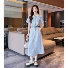 唐狮 2025夏季女衬衫领短袖连衣裙撞色翻领A字裙百搭通勤时尚裙子129元
