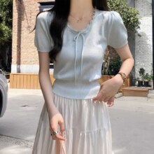 莫代尔 甜美可爱蕾丝蝴蝶结针织衫短袖女夏季镂空短款上衣打底衫女T恤女39元
