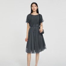plus:S.DEER【新品】圣迪奥女装圆领网纱泡泡袖法式茶歇连衣裙244.6元（plus）