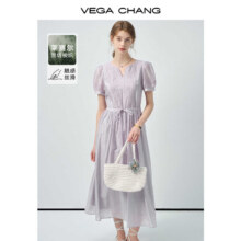 VEGA CHANG 【莱赛尔】短袖连衣裙女2025新款夏刺绣V领泡泡袖长裙269.1元