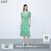 LILY 秋女装含真丝复古印花泡泡袖垂感连衣裙 309翠绿 M86元