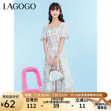 拉谷谷 女士法式方领修身雪纺碎花收腰短袖连衣裙 Y066.4元