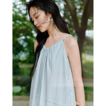 茵曼莱赛尔欧若风挂脖无袖连衣裙夏季女装百搭宽松a字裙子浅蓝色  XL399元