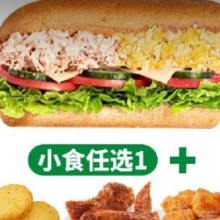 美团外卖 SUBWAY赛百味|香溢金枪鱼双拼三明治小食两件 套（券）兑换券·1张|多店可用原价46元 现价22.4元