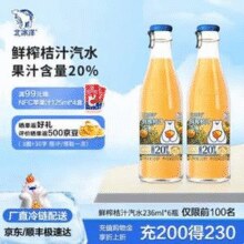 易开盖，北冰洋 20%鲜榨果汁桔汁汽水玻璃瓶装 236ml*6瓶￥19.90 3.3折