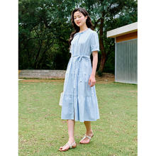 茵曼 亚麻法式木耳边连衣裙 2025夏季女装系带收腰短袖蓝色长裙 迷雾蓝 M142.45元